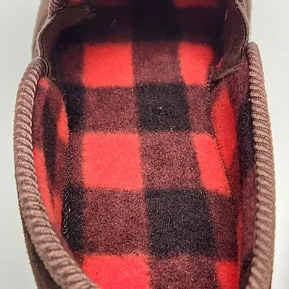 Sioux Mox Slippers Brown Suede Men Sz 11 Blak Red Check Fleece Line Flat Slip-On